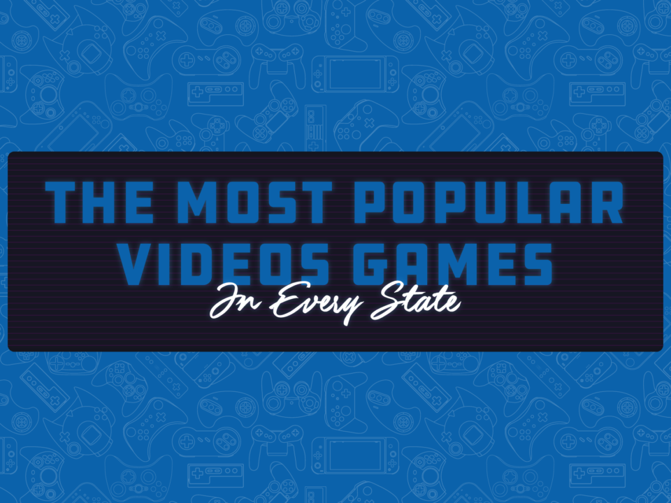 blue, white, and black text header writing "the most popular video games in every state